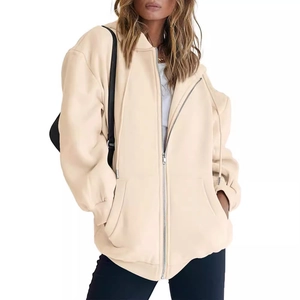 Felpa con cappuccio oversize beige da donna con zip e design a spalle scese