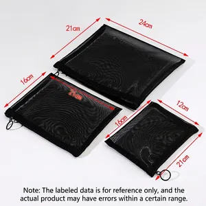 Set of 3 black nylon mesh storage bags with zippers in three portable travel sizes