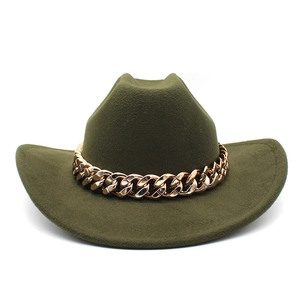 Detail of olive green fedora hat featuring a chunky gold chain and wool felt texture