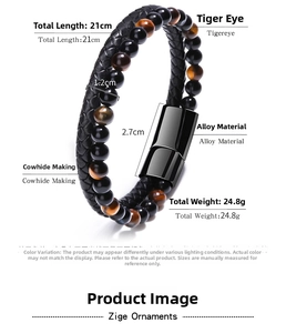 Detailed view of multilayer leather bracelet with tiger eye beads and 21cm length spec