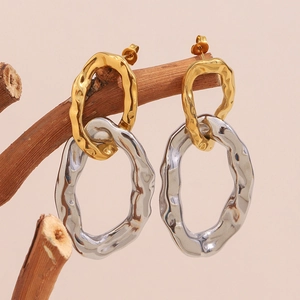 Hammered texture two-tone 18K gold plated stainless steel hoop earrings for women