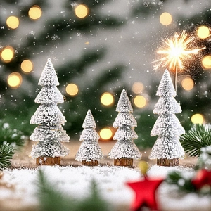 Set of 4 mini flocked cedar Christmas trees with wooden bases on a snowy background