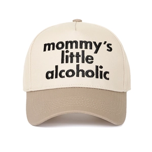 Detail of color-block baseball cap with Mommy's Little Alcoholic embroidery