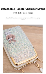 Detail of sequined phone bag with cartoon bunny patch and vintage gold metal clasp