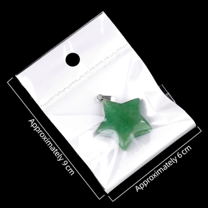 Green aventurine star pendant necklace in protective packaging with size measurements