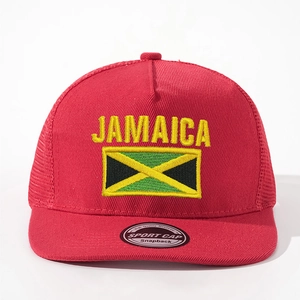 Detailed embroidery of yellow JAMAICA text and national flag on red mesh trucker hat