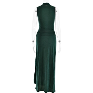 Detail view showing back of dark green sleeveless fishtail dress with shimmering fabric
