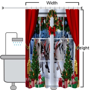 Christmas shower curtain dimensions guide showing width and height with reindeer graphics