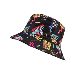 Retro geometric bucket hat with 90s street style graffiti and animal print patterns