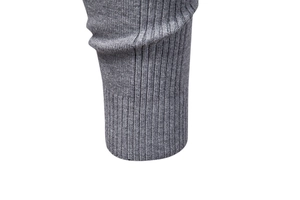 Close-up of dark grey vertical ribbed knit texture and ribbed cuff detail on men sweater