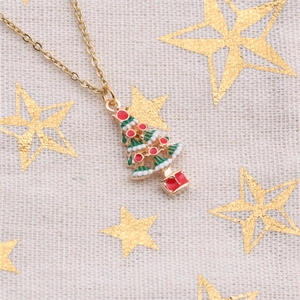 Christmas tree necklace set with gold enamel pendant in red, white and green colors