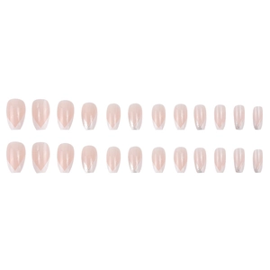 24 uñas postizas cuadradas rosa nude con puntas francesas en V blancas y purpurina plateada