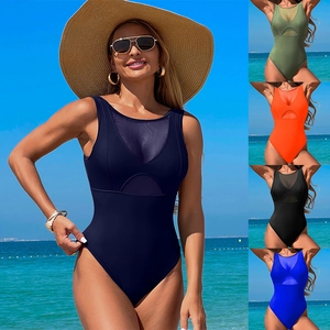 Women Monokini Swimsuit Nylon Mesh Patchwork Tummy Control Quick Dry Solid Color Elegant Beachwear