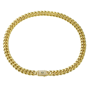 Close-up of 14K gold plated Cuban chain featuring a pave zircon S-logo buckle clasp