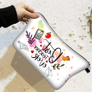 Large capacity canvas makeup bag for teachers featuring Best Teacher Ever colorful print