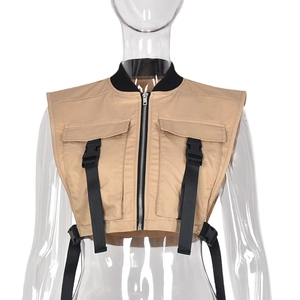 Cropped khaki tactical utility vest with contrast black buckles and front pockets