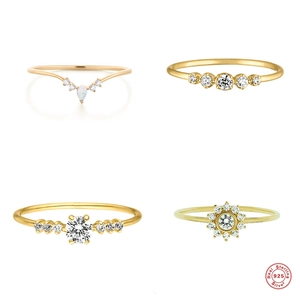 925 Sterling Silver Ring With Synthetic Opal And Cubic Zirconia Gold Plated Minimalist V Shape Floral Jewelry For Women