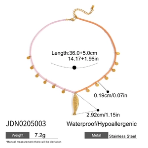 Detail of 18K gold stainless steel fish necklace with pink and orange beads and dimensions