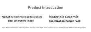 Specifications chart for ceramic Christmas candy hanging ornament including material and size