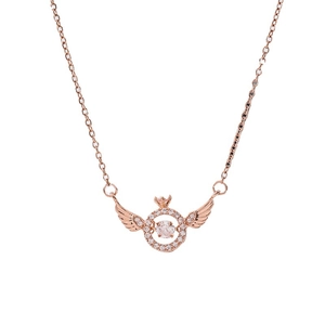 Rose gold angel wing necklace featuring a sparkling zircon circle and central diamond