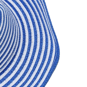 Close-up of woven straw texture with blue and white stripes on a summer Panama hat