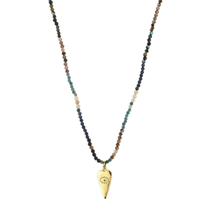 Macro view of bohemian beaded necklace with gold Evil Eye charm and colorful tourmaline