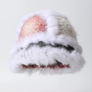 Winter plush faux fur knit bucket hat featuring colorful patchwork and fluffy ear protection