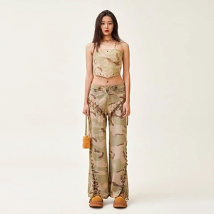 Women's camouflage two-piece set featuring slim tube top and side lace-up wide leg pants