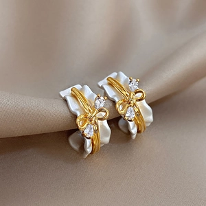 Schleife C-Förmige Ohrringe Französischer Stil Mit 18K Vergoldetem Kupfer Zirkon Und 925 Sterling Silber Ohrstecker Elegant