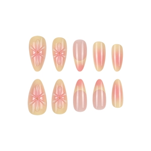 3D floral embossed almond press-on nails with pink blush gradient and French tip design