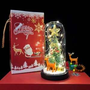 Macro detail of Christmas glass dome with LED tree and festive gift bag packaging