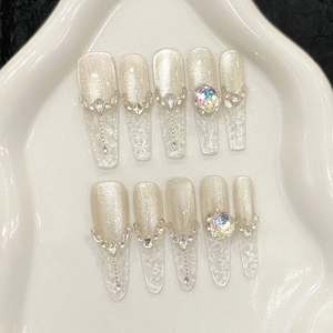 Press On Nägel Silbergrau Katzenauge Transparent Strass Handgefertigt Glitzernd Französischer Farbverlauf Lang Für Damen