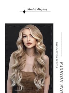 Model display of long wavy ombre brown synthetic lace front wig with side part hairstyle