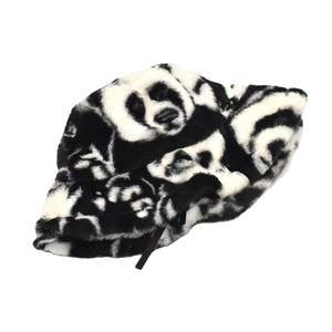 Winter faux fur bucket hat featuring a realistic panda print and adjustable black straps