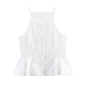 Women Sweet 3D Rose Textured Camisole Top Halter Neck Button Front Peplum Hem Elegant Sleeveless Shirt