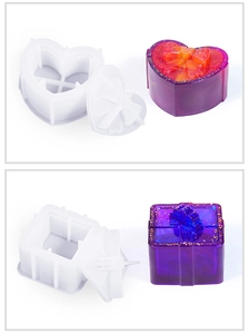 Detail of heart and square silicone resin molds for DIY gift boxes with bow lids