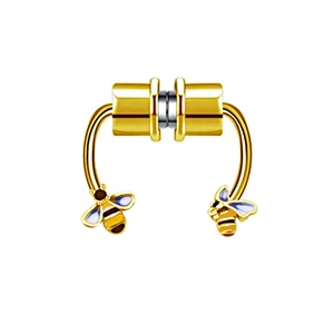Detailed macro view of golden magnetic fake nose ring with yellow and blue bee charms