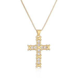 Gold plated cross necklace for women featuring sparkling white zircons on a box chain