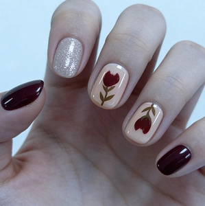 Matte Press On Nails Elegant Wine Red Rose Pink Floral Glitter Artificial Fingernails For Women Autumn Winter Style