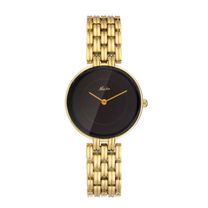Elegant gold metal mesh watch for women featuring a minimalist round black dial display