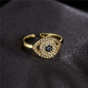 Evil Eye Ring Copper Gold Plated Blue White Zircon Nazar Eye Open Adjustable Jewelry For Women
