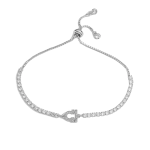 Detail of silver adjustable zodiac bracelet with cubic zirconia and slide clasp closure