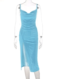 Detail of light blue cowl neck satin midi dress with side slit on a mannequin