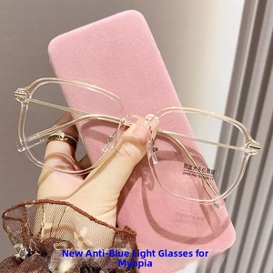 Detail showing UV400 and CE marks on transparent pink square frames with metal temples