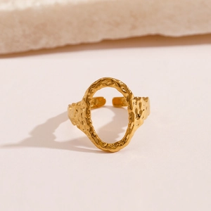 Adjustable gold stainless steel open ring with textured hammered finish for women