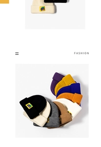 Detail of multi-color knitted beanies with colorful graphic patch and 091 number