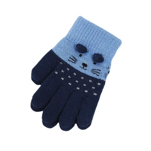 Winter knit gloves for toddlers with cute cat design and anti-slip grip in blue colors
