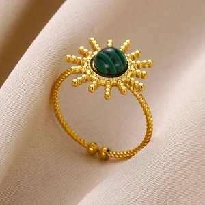 Bague vintage tournesol en acier inoxydable avec pierre verte et anneau ajustable