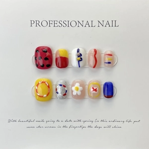 Handmade short press-on nails set with colorful abstract graffiti and floral patterns