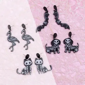 Halloween acrylic stud earrings set featuring bat, skeleton cat and flamingo designs